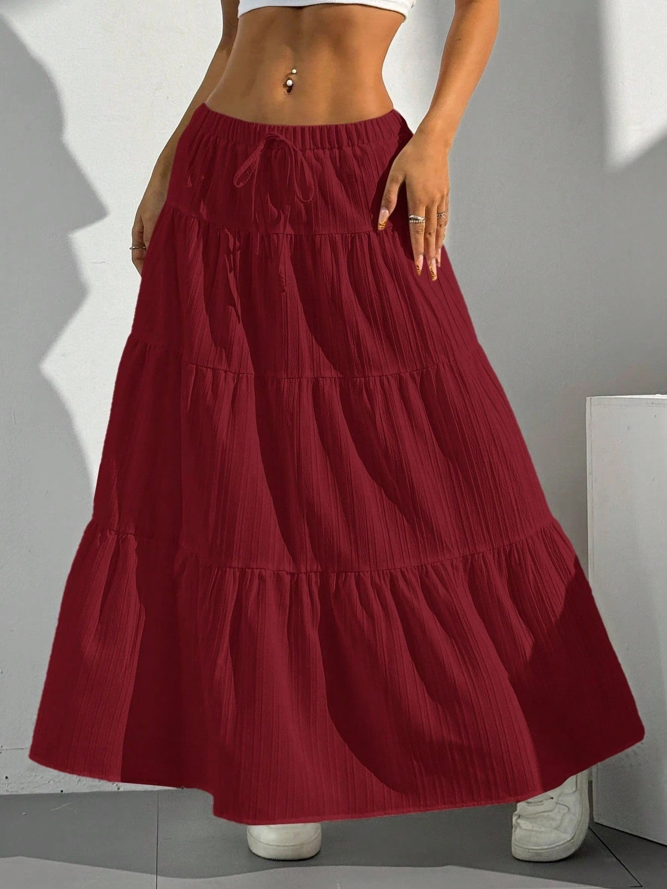 Women's long boho A-line skirt in lightweight cotton blend with gathered ruffle hem detail