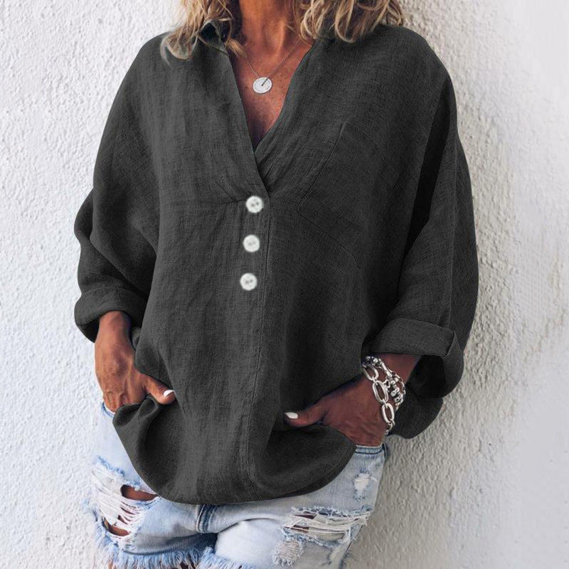 Women's linen oversized V-neck top long sleeve button placket with chest pocket casual fit