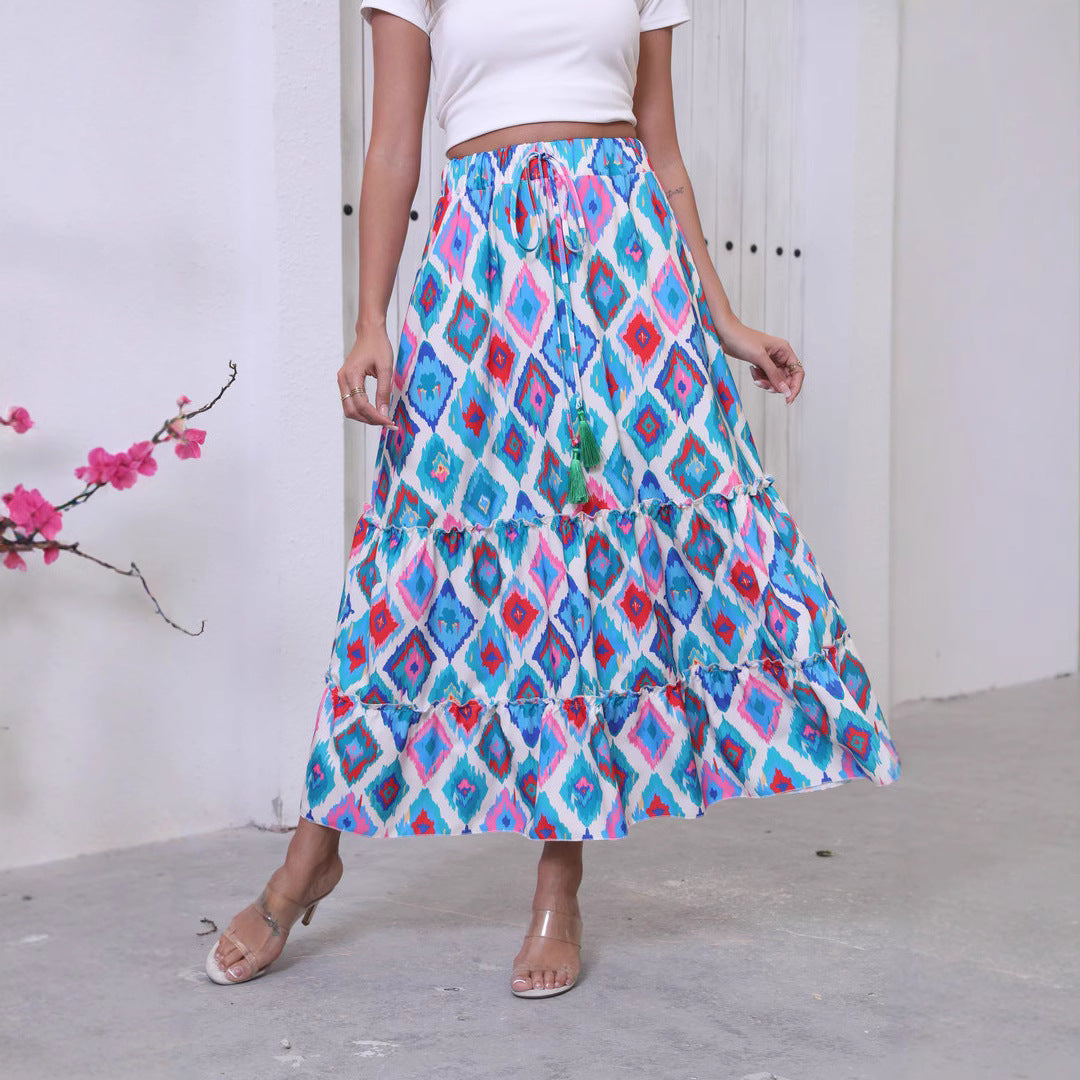 Women's boho maxi skirt high waist tiered layers fringe waistband cotton feel casual chic