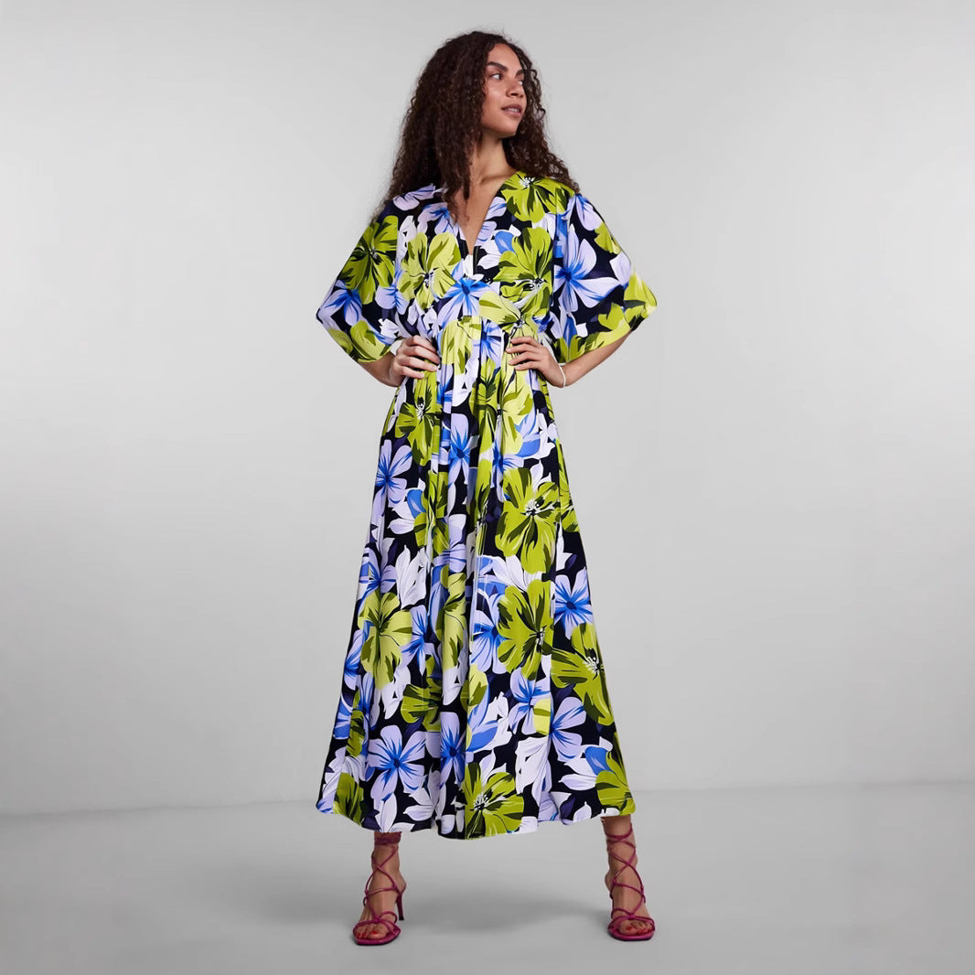 Wavlynn floral print maxi dress high waist V-neck loose fit with side slit summer style