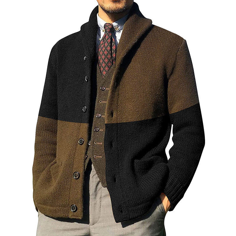 Men's relaxed knit cardigan with rolled shawl collar, button front, and patch pockets for everyday style