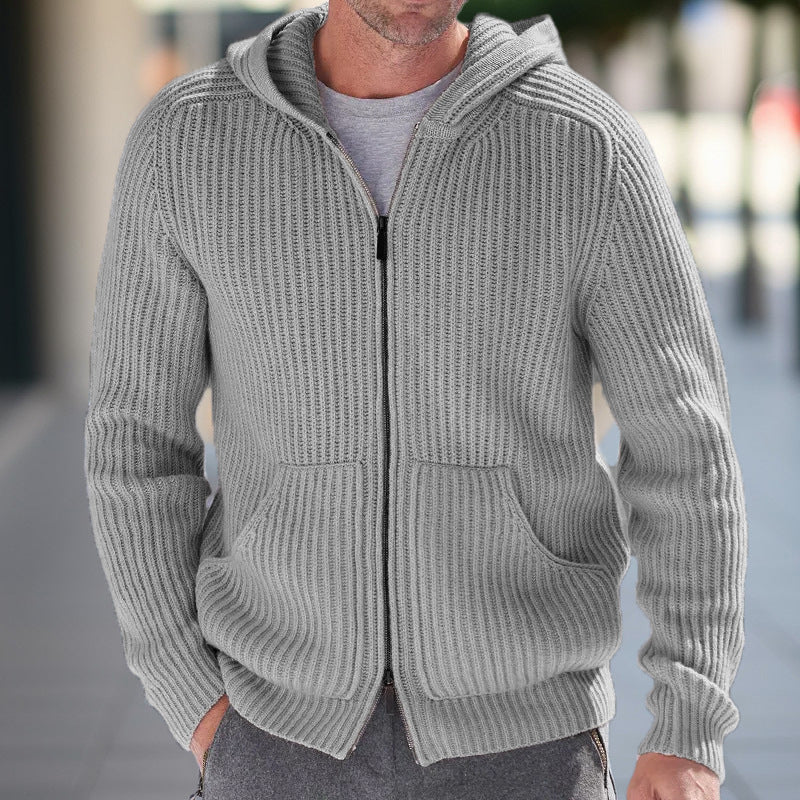 Men's grey ribbed knit hooded cardigan relaxed fit full-zip closure casual layering long sleeve