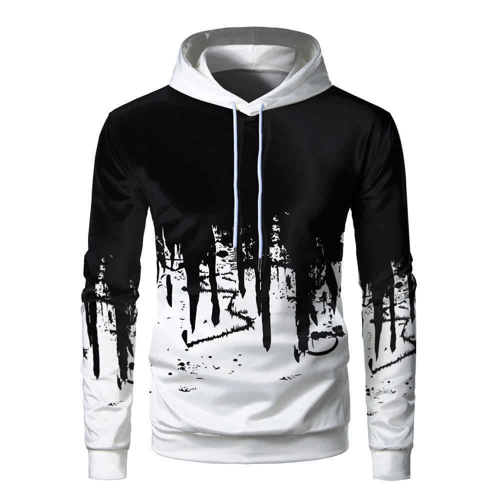 Men's loose-fit hooded sweatshirt with bold 3D digital print and adjustable drawstring, casual fall wear