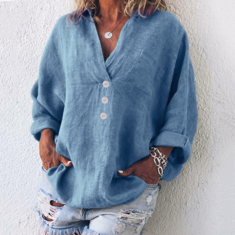 Women's oversized linen v-neck top long sleeve button placket with chest pocket casual style