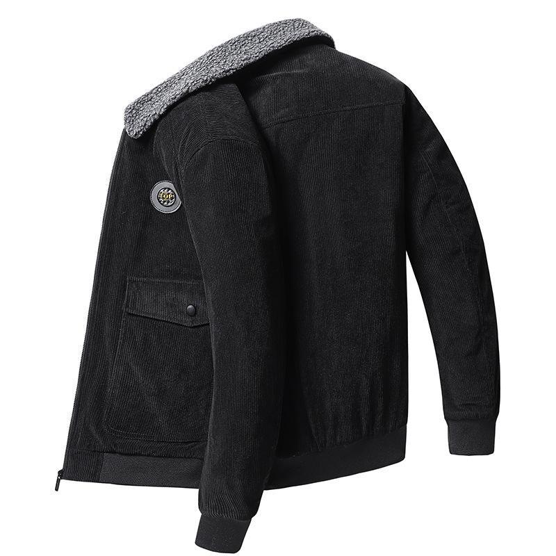 Men's brown corduroy jacket wool-lined loose fit button-front with flap pockets classic style