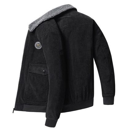 Men's brown corduroy jacket wool-lined loose fit button-front with flap pockets classic style
