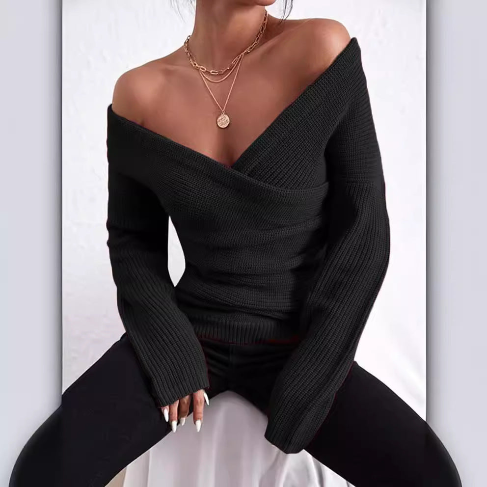 Women's slim fit ribbed knit off-shoulder wrap V-neck long sleeve sweater with flattering silhouette
