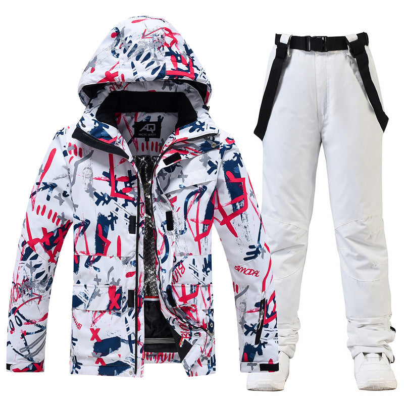 Men's relaxed fit two-piece ski suit with hooded jacket and suspender snow pants water resistant