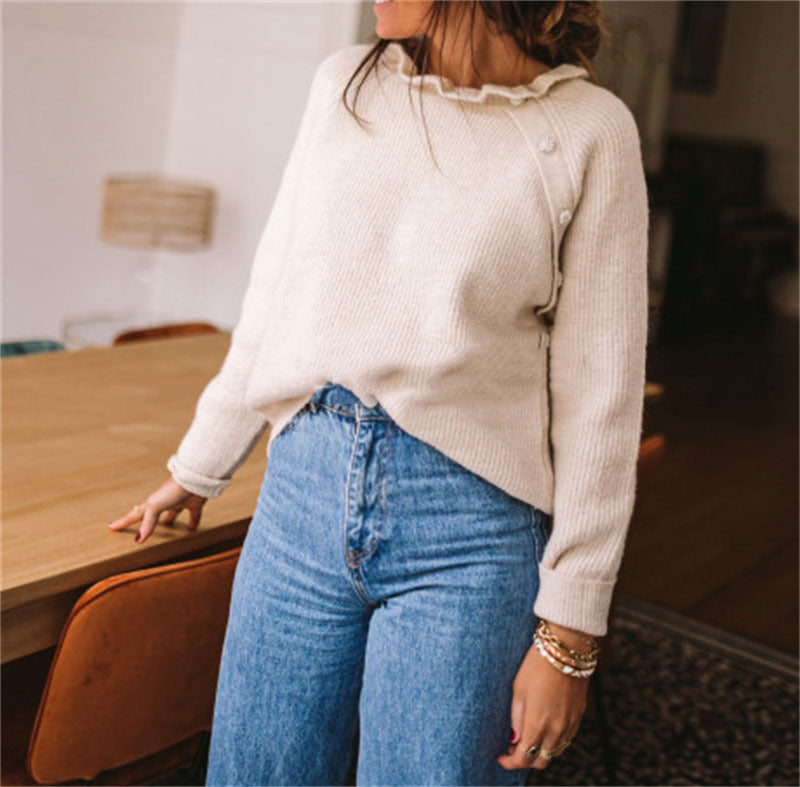 Women's wool blend relaxed fit sweater with ruffled neckline, long sleeve cozy chic knit top