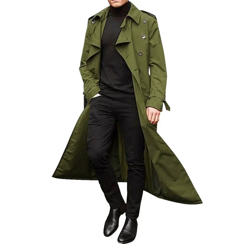 Men's camel tailored fit double-breasted trench coat with notched lapels, full-length professional silhouette