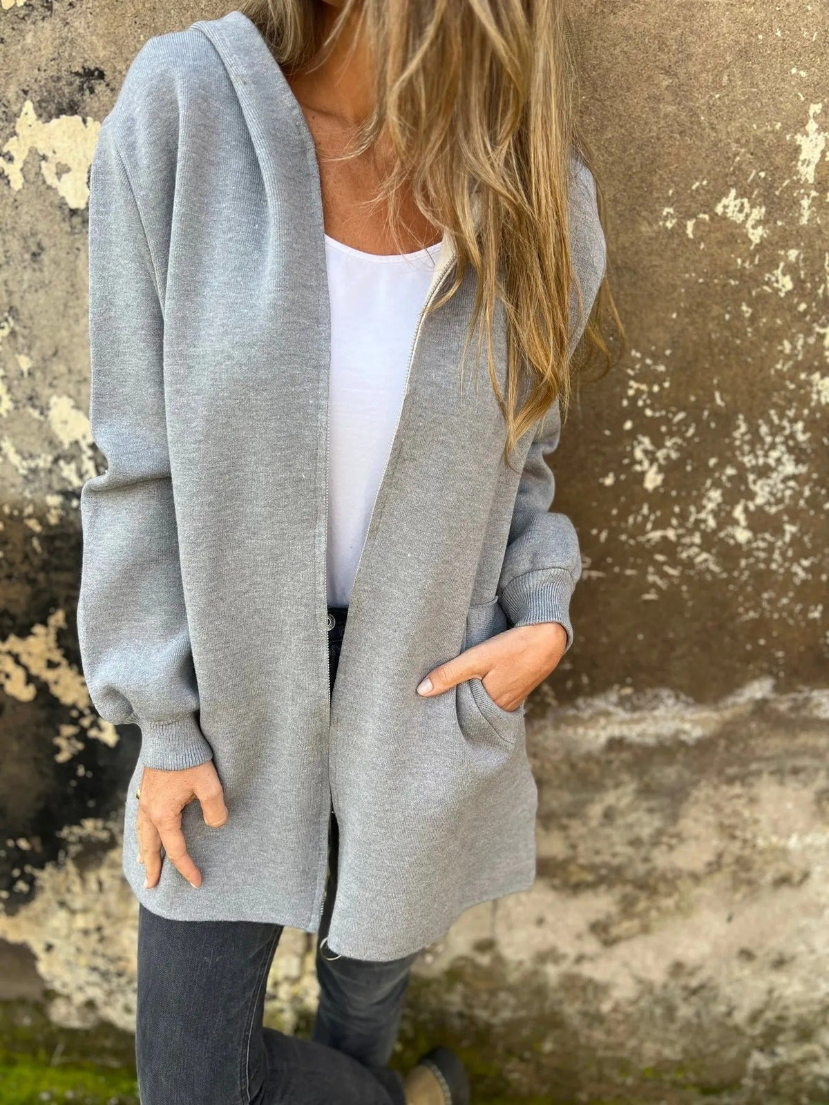 Women's cotton-blend hooded jacket relaxed fit zip-front with side pockets, cozy all-season essential