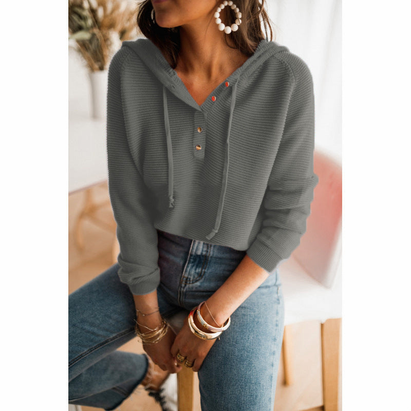 Women's cropped hoodie relaxed fit knit texture beige button-front drawstring hood casual chic