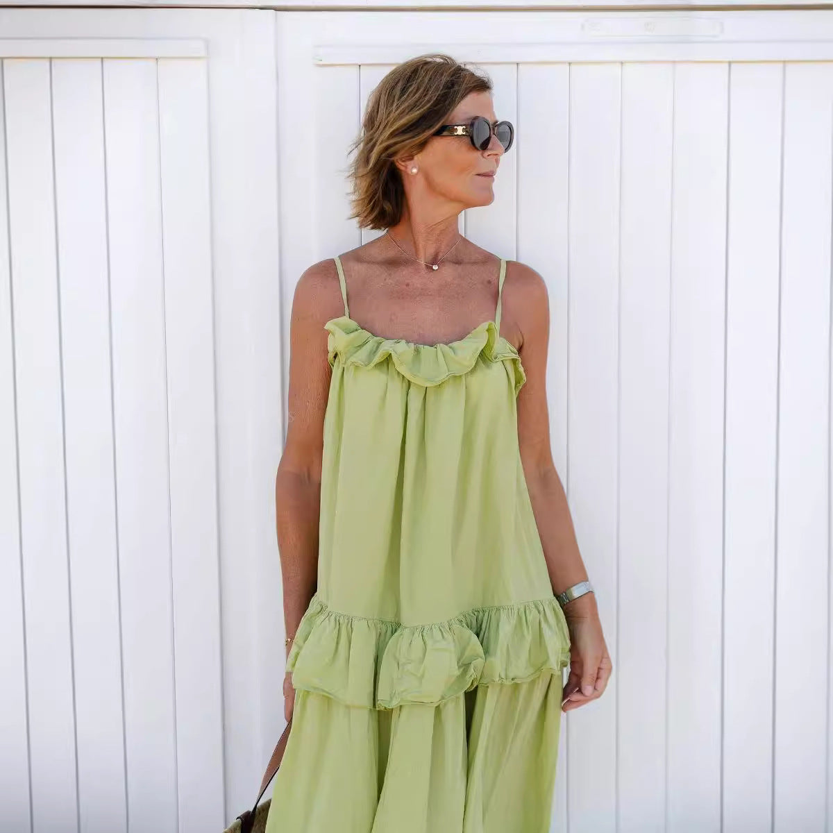 Flowy women's maxi dress in cotton blend with ruffle neckline and tiered skirt panels