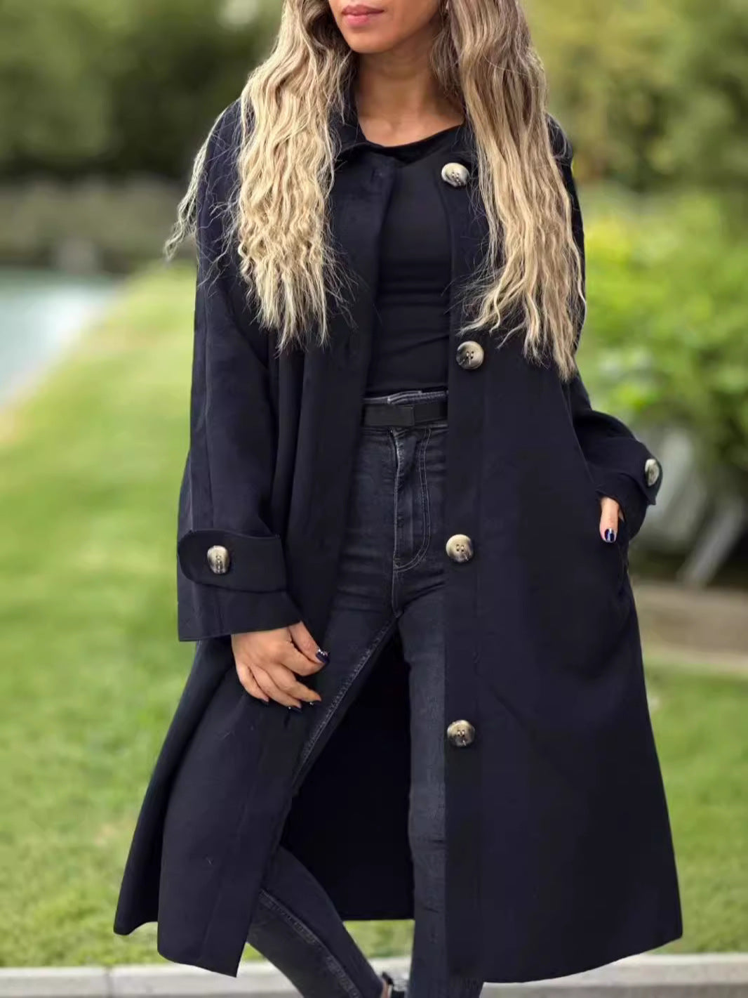 Women's wool blend long coat relaxed fit button front full length classic collar outerwear