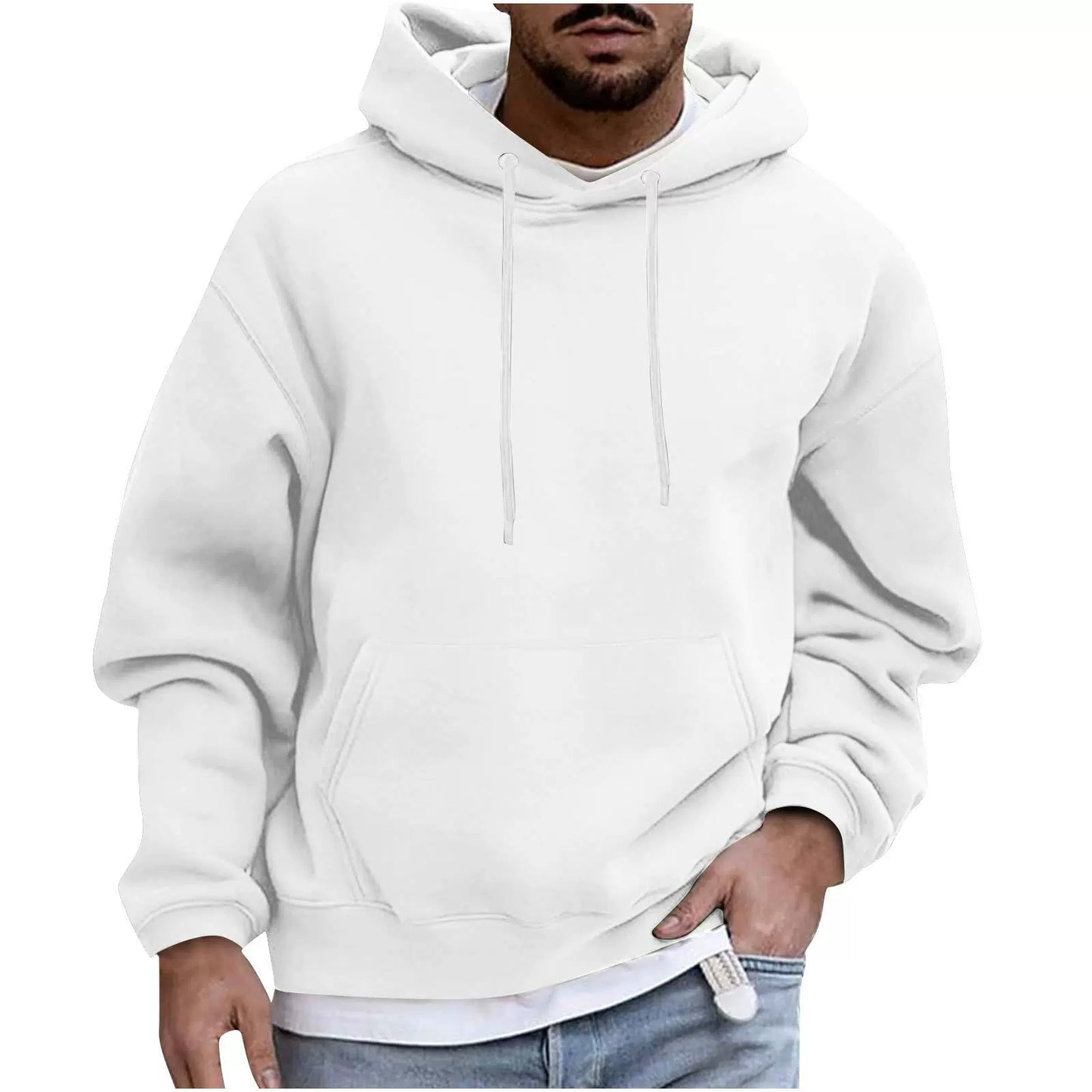 Men's loose fit drop shoulder fleece hoodie with kangaroo pocket and ribbed hem for relaxed everyday style