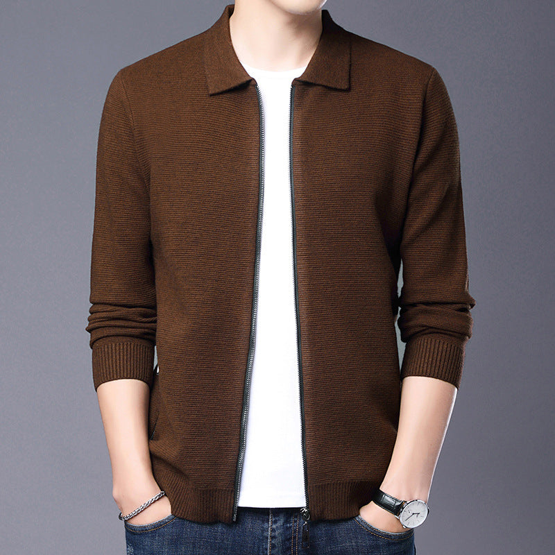 Men's slim fit wool blend zip cardigan classic collar ribbed cuffs smart-casual layer