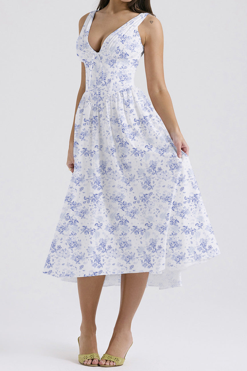 Women's floral print midi dress, A-line sleeveless V-neckline, elegant warm-weather style