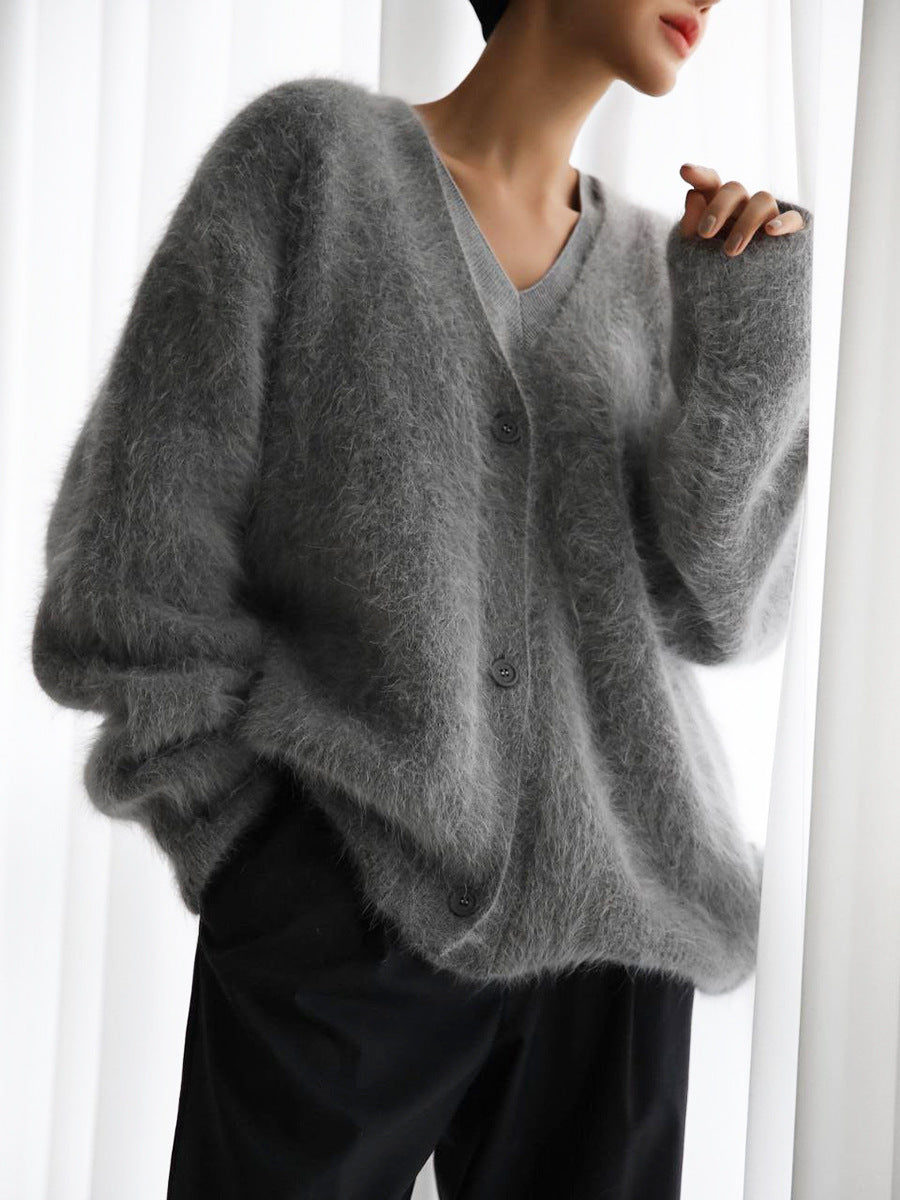 Women's oversized mohair blend cardigan with V-neck button closure, fluffy knit texture for cozy layering
