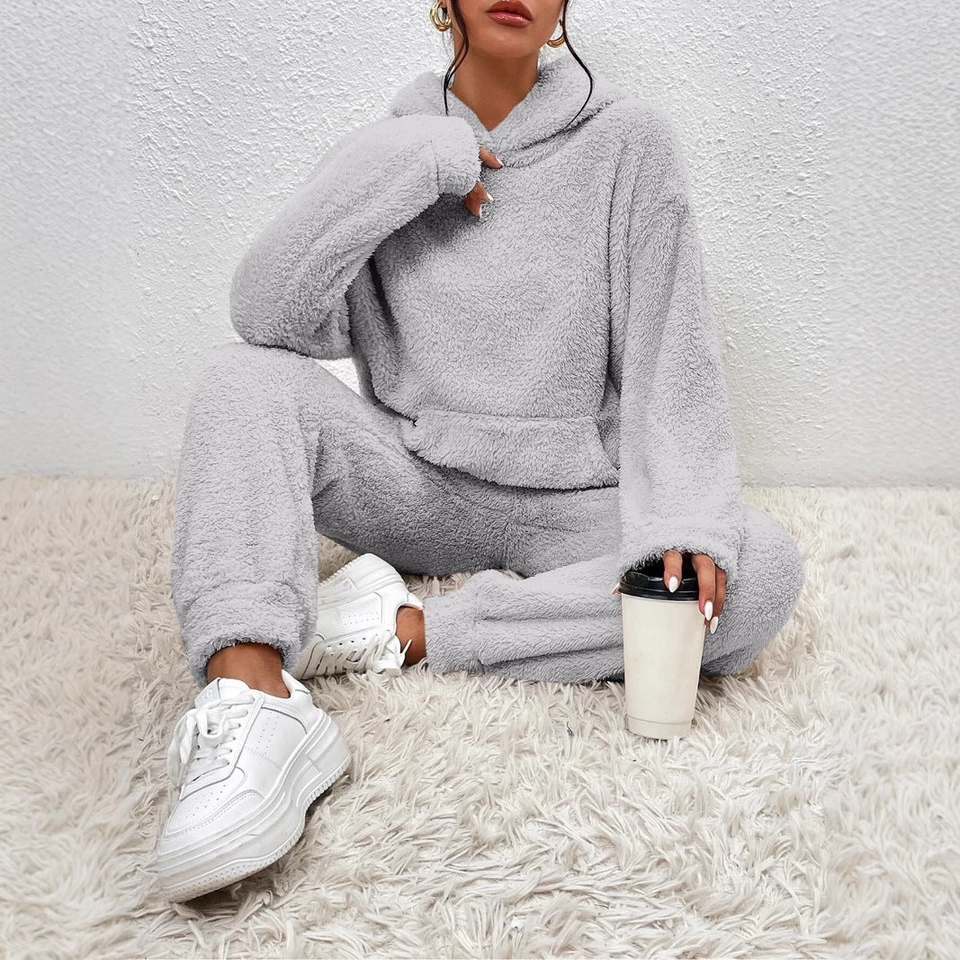 Women's plush fleece hoodie lounge set with kangaroo pocket and wide-leg pants, cozy relaxed fit