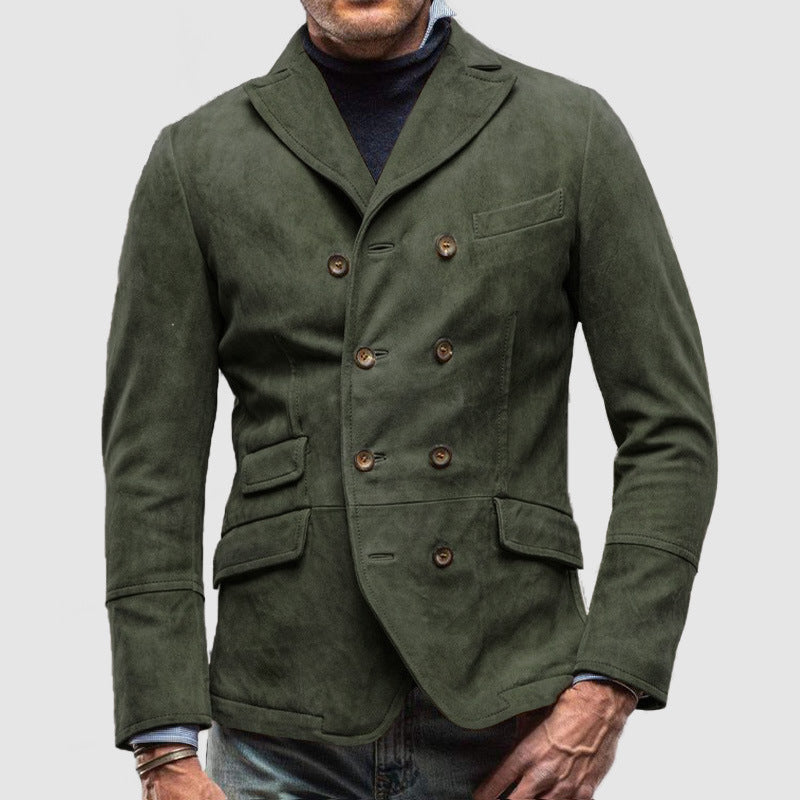 Men's dark double breasted suede-texture jacket tailored fit notch lapel PU leather semi-formal
