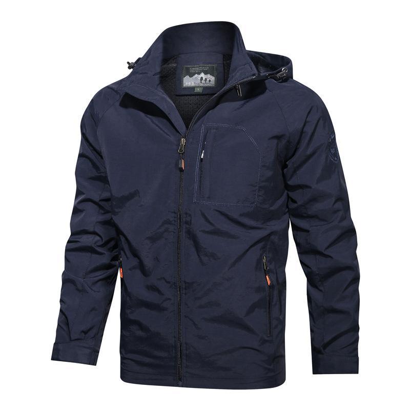 Men's relaxed-fit hooded windproof jacket with zipper pockets, water-resistant shell for outdoor wear