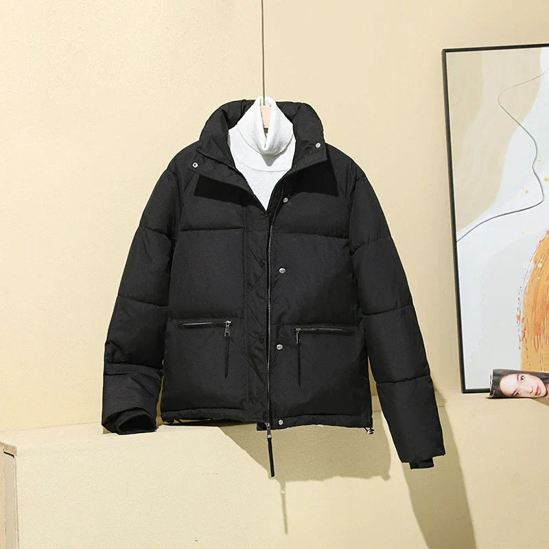 Women's tan cropped boxy puffer coat with stand collar, insulated for everyday warmth