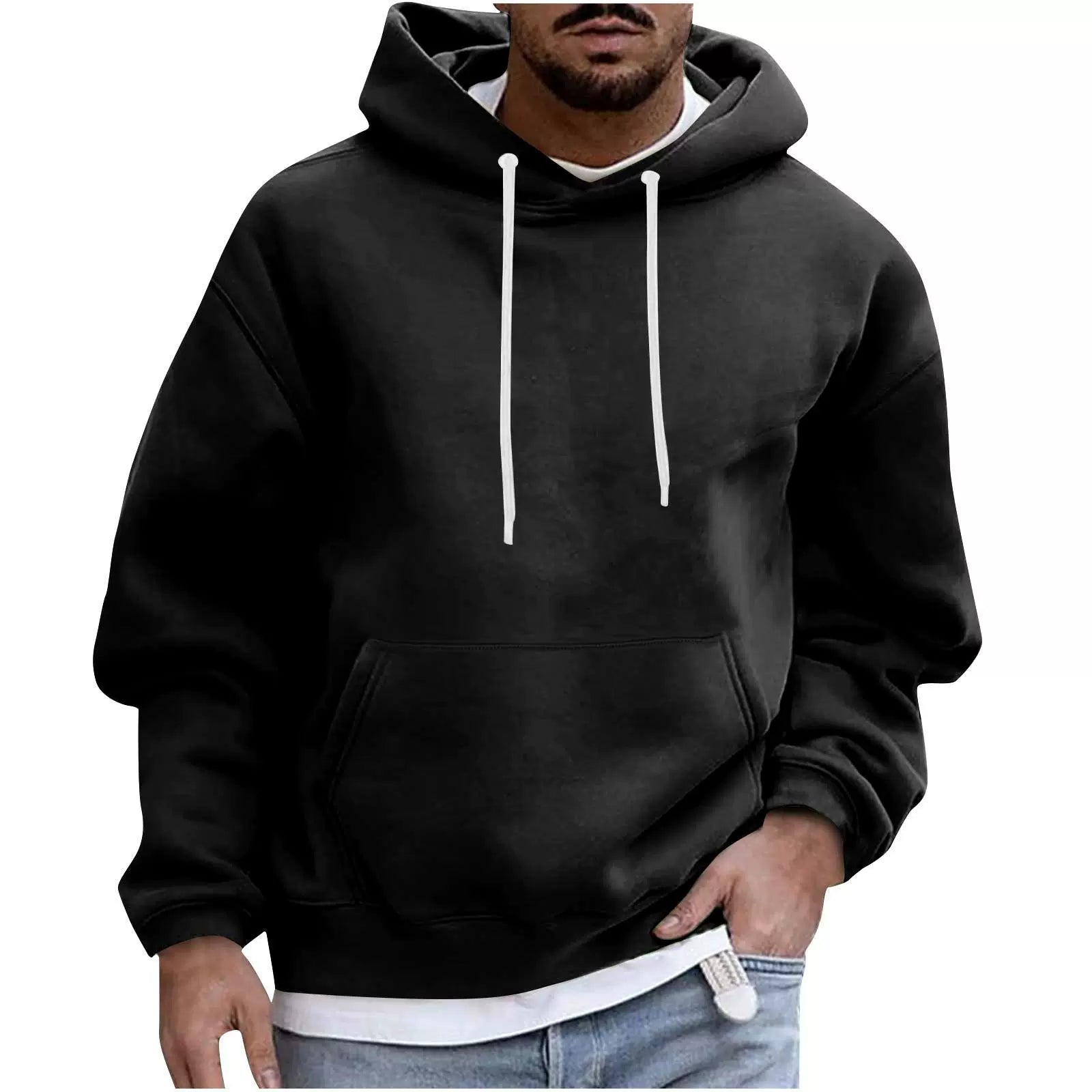 Men's loose fit drop shoulder fleece hoodie with kangaroo pocket and ribbed hem for relaxed style