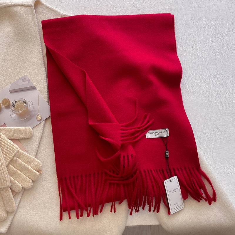 Soft plain tassel scarf shawl in neutral tone, luxuriously draped wrap for everyday elegant layering