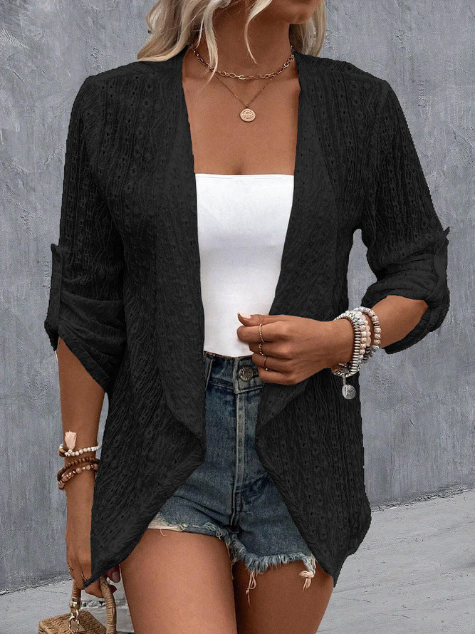 Women's boho crocheted knit open-front cardigan relaxed fit with textured crochet detailing
