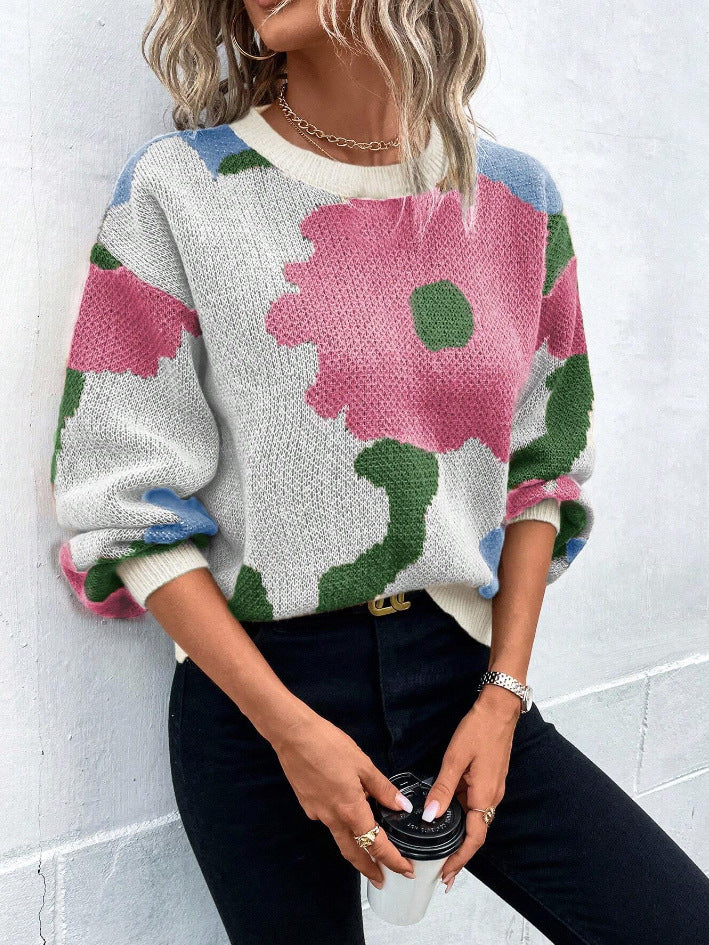 Vibrant floral print women's pullover sweater in multicolor with cozy relaxed fit and all-season styling
