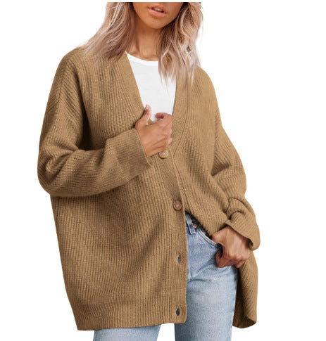 Striped knit cardigan oversized fit soft fabric classic button-down V-neckline cozy layering piece
