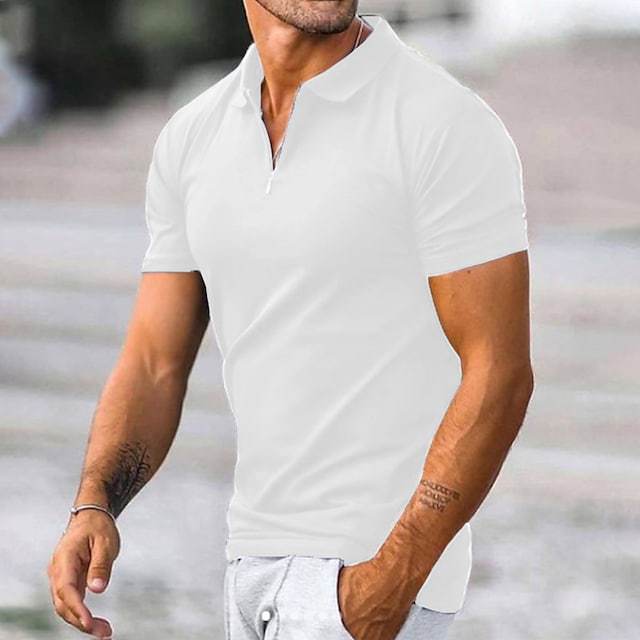 Men's slim fit polo shirt breathable cotton blend short sleeve zip neck modern casual wear