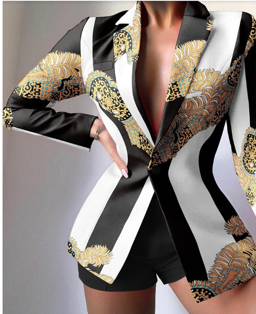 Women's tailored leopard print blazer with peaked lapels and long sleeves, bold statement fit
