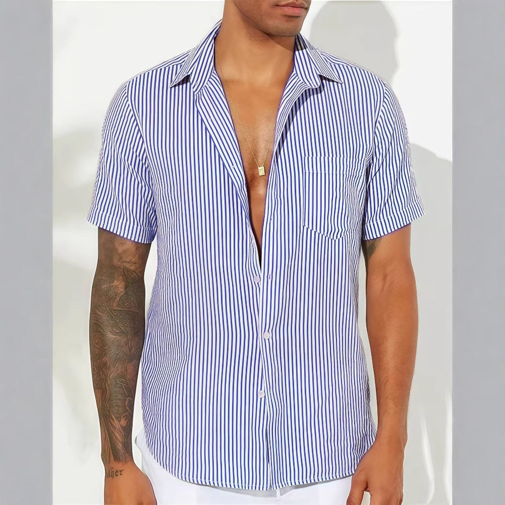 Men's relaxed fit short sleeve button-up shirt, vertical stripes cotton blend casual wear