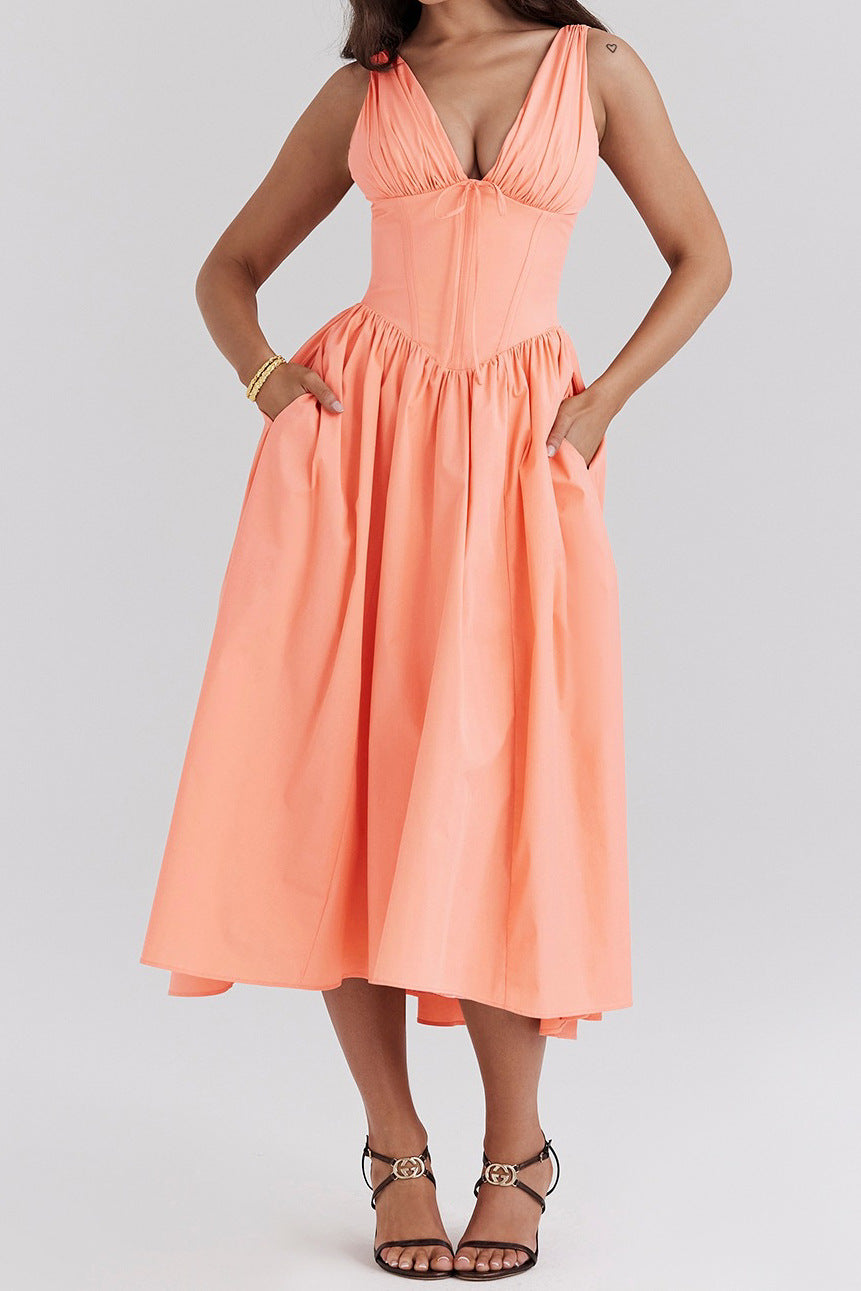 Women's floral print midi dress, A-line sleeveless V-neck silhouette with effortless warm-weather style