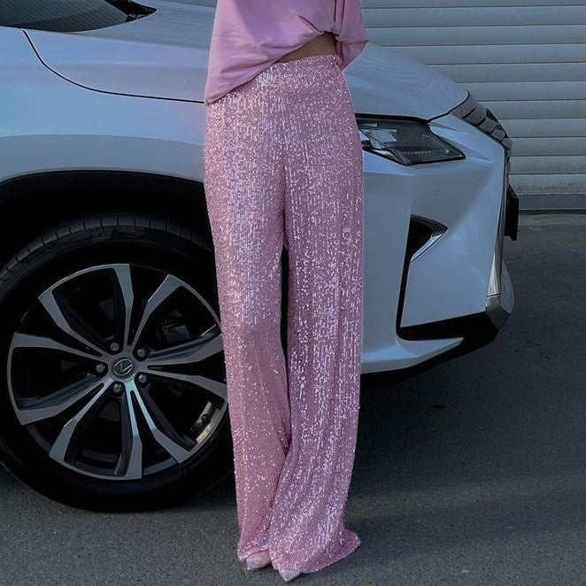 Women's silver full-sequin straight-leg pants relaxed fit full-length glamorous evening wear