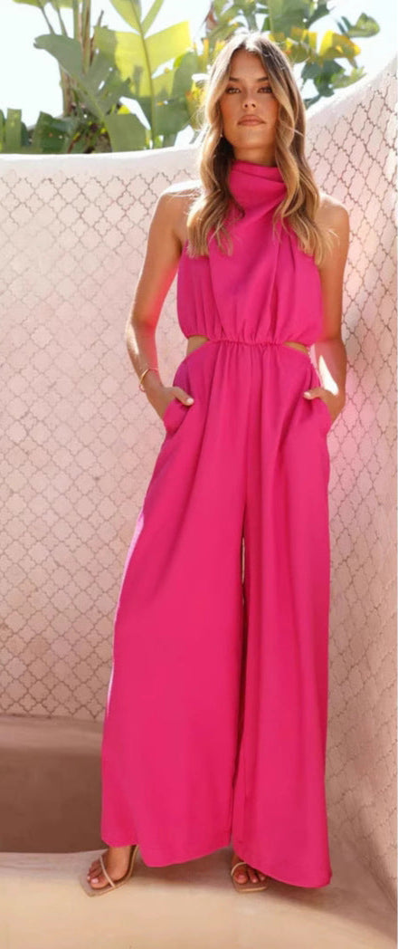 White women's halterneck wide-leg jumpsuit relaxed fit with cutout details