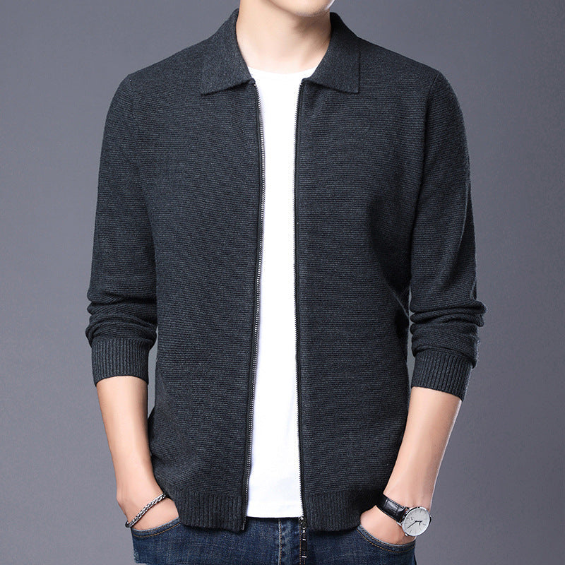 Men's slim fit wool blend zip cardigan classic collar ribbed cuffs versatile smart-casual layer