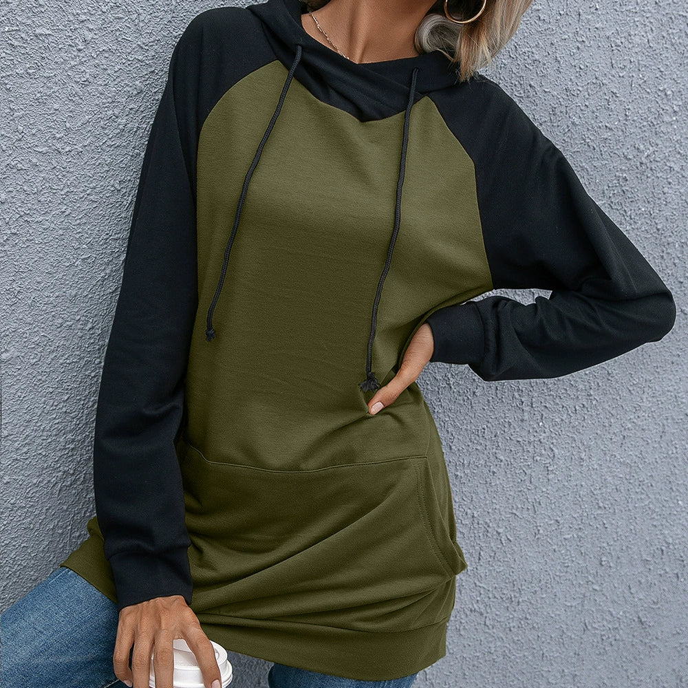 Women's gray relaxed-fit hooded sweatshirt with raglan sleeves and front kangaroo pocket