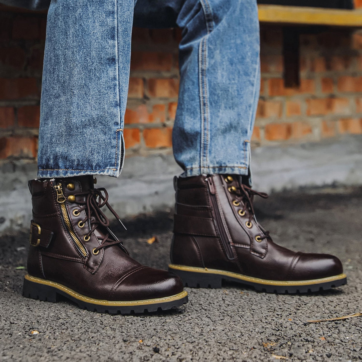 Men's brown leather ankle boots lace-up closure with side zipper everyday casual style