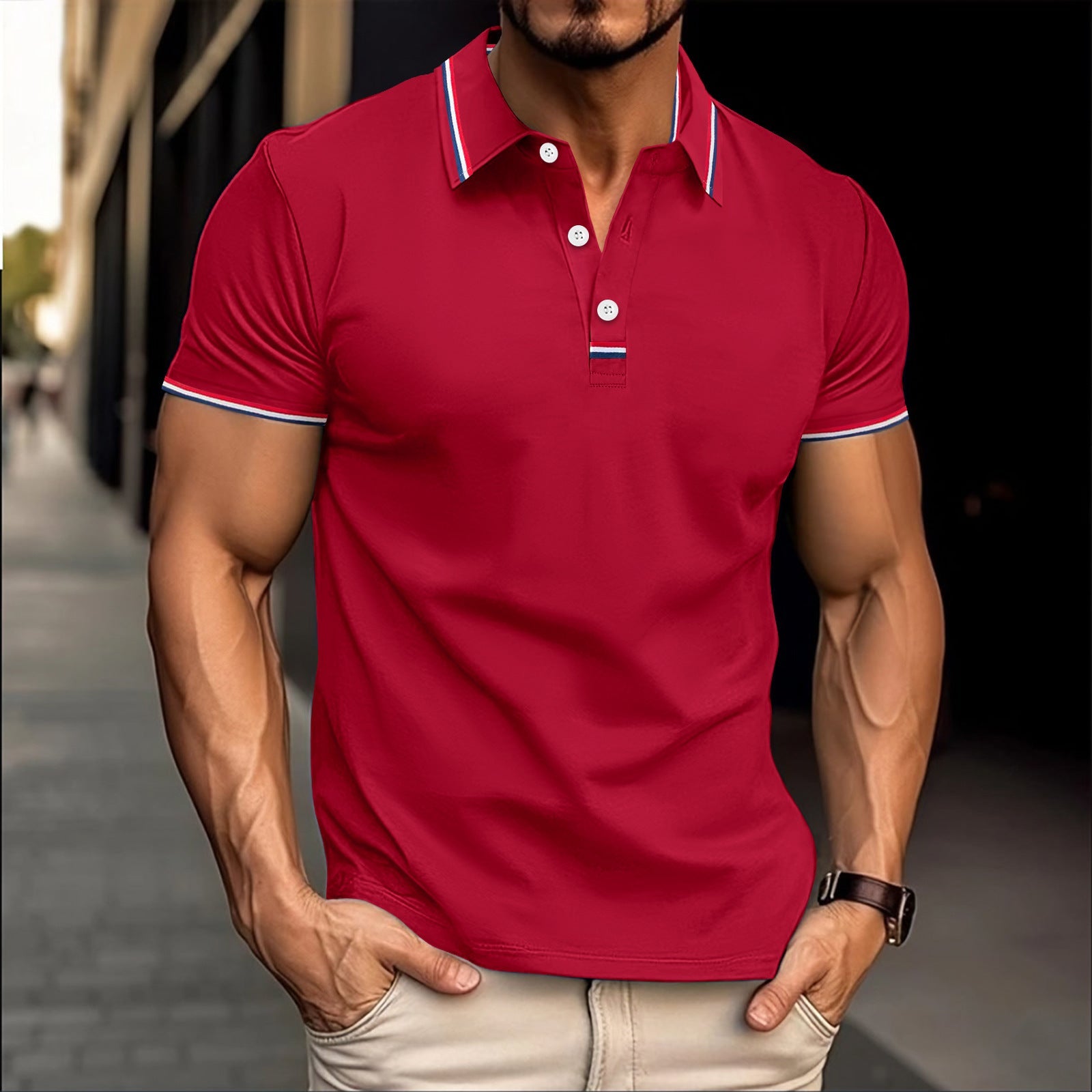 Men's slim fit cotton blend polo shirt with ribbed collar and button placket, modern versatile style
