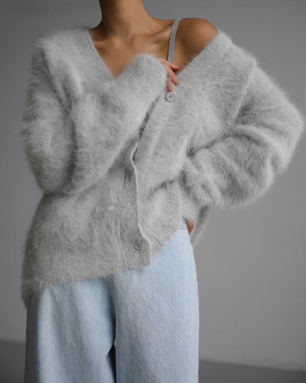 Women's oversized mohair blend cardigan with V-neck button closure for cozy, effortless layering