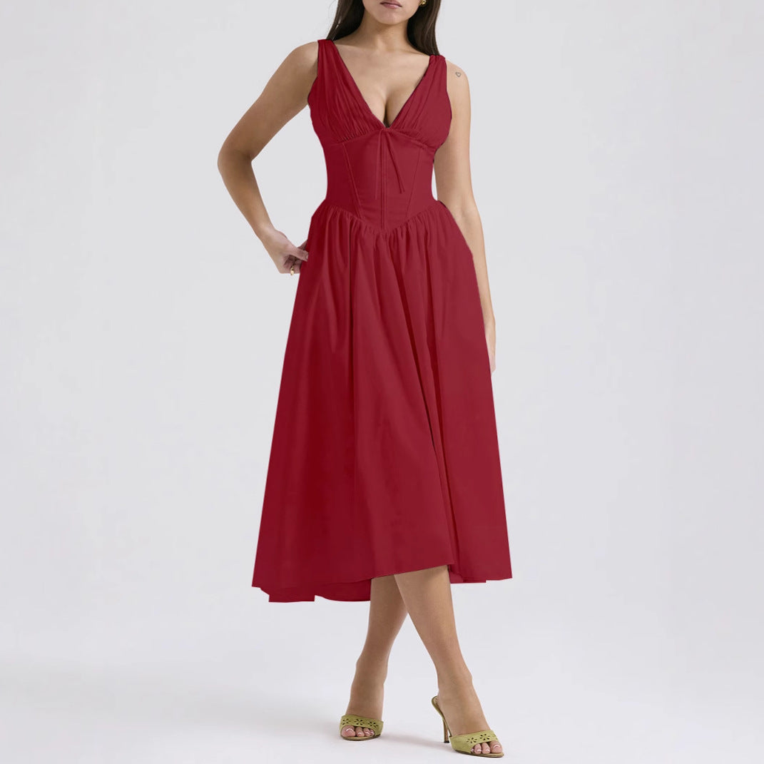 Women's floral print midi dress, A-line sleeveless V-neckline, elegant warm-weather style