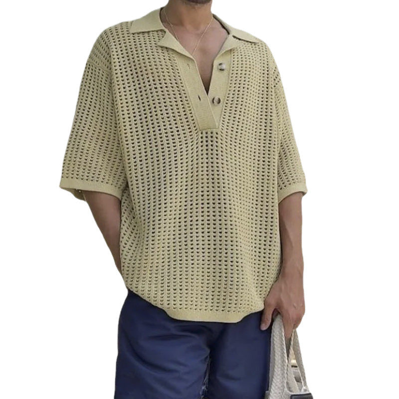 Men's oversized open knit sweater notch collar short sleeves breathable cotton Nordic style