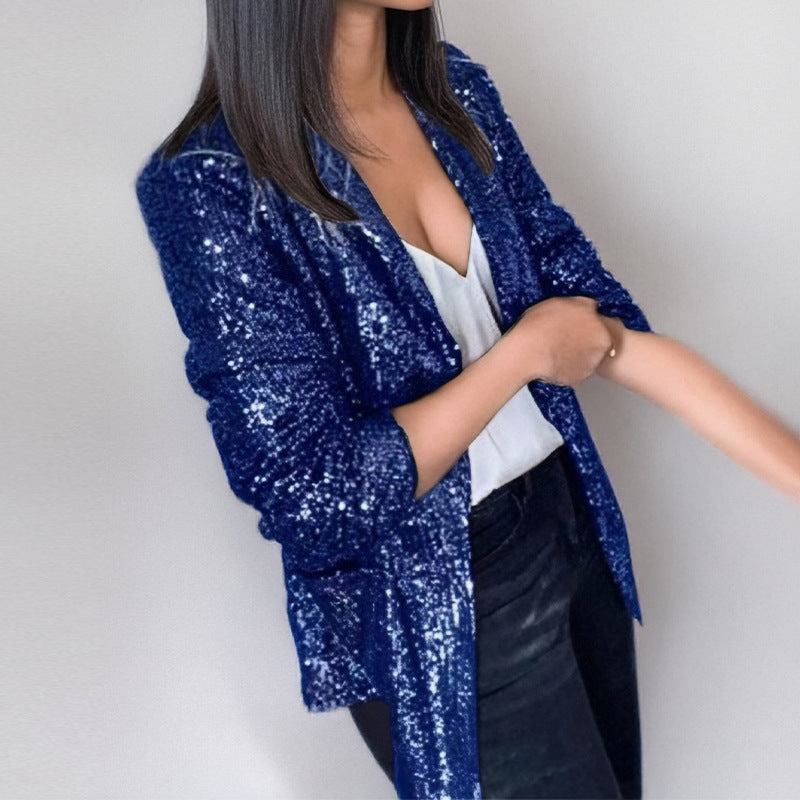 Women's silver sequin-coated blazer tailored fit open front long sleeves evening wear