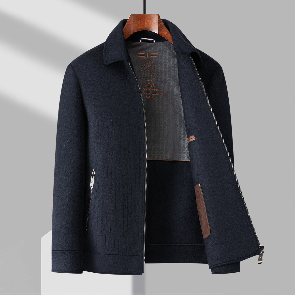 Alessio charcoal wool-blend jacket with structured silhouette, zip closure, and classic turn-down collar