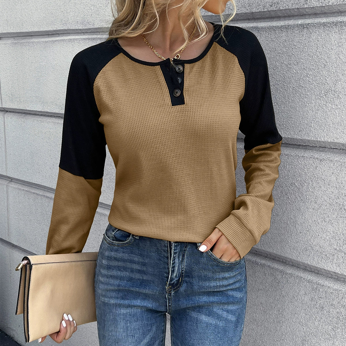 Women's waffle knit long sleeve tee, relaxed fit with button neck and raglan sleeves