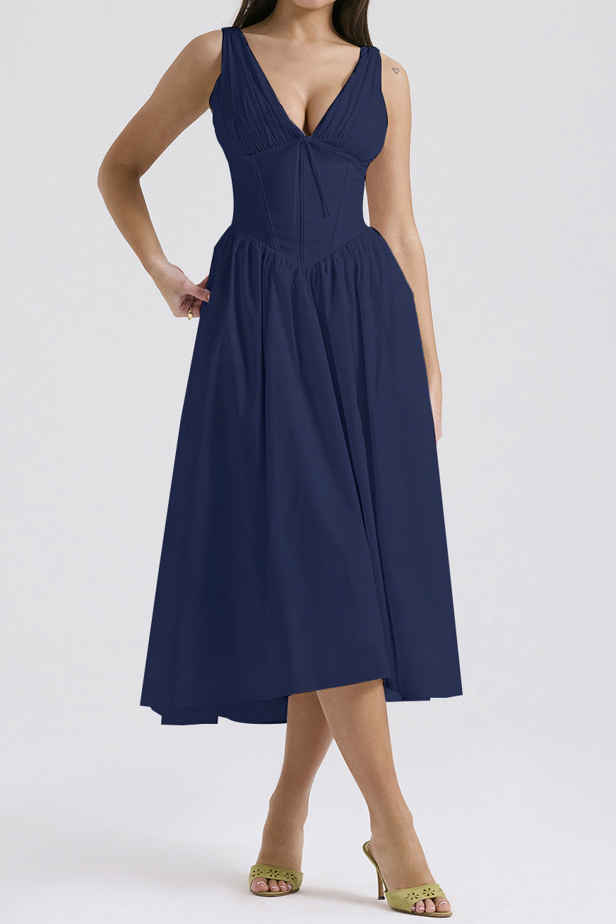 Women's floral print midi dress, A-line sleeveless V-neckline, warm-weather elegant fit