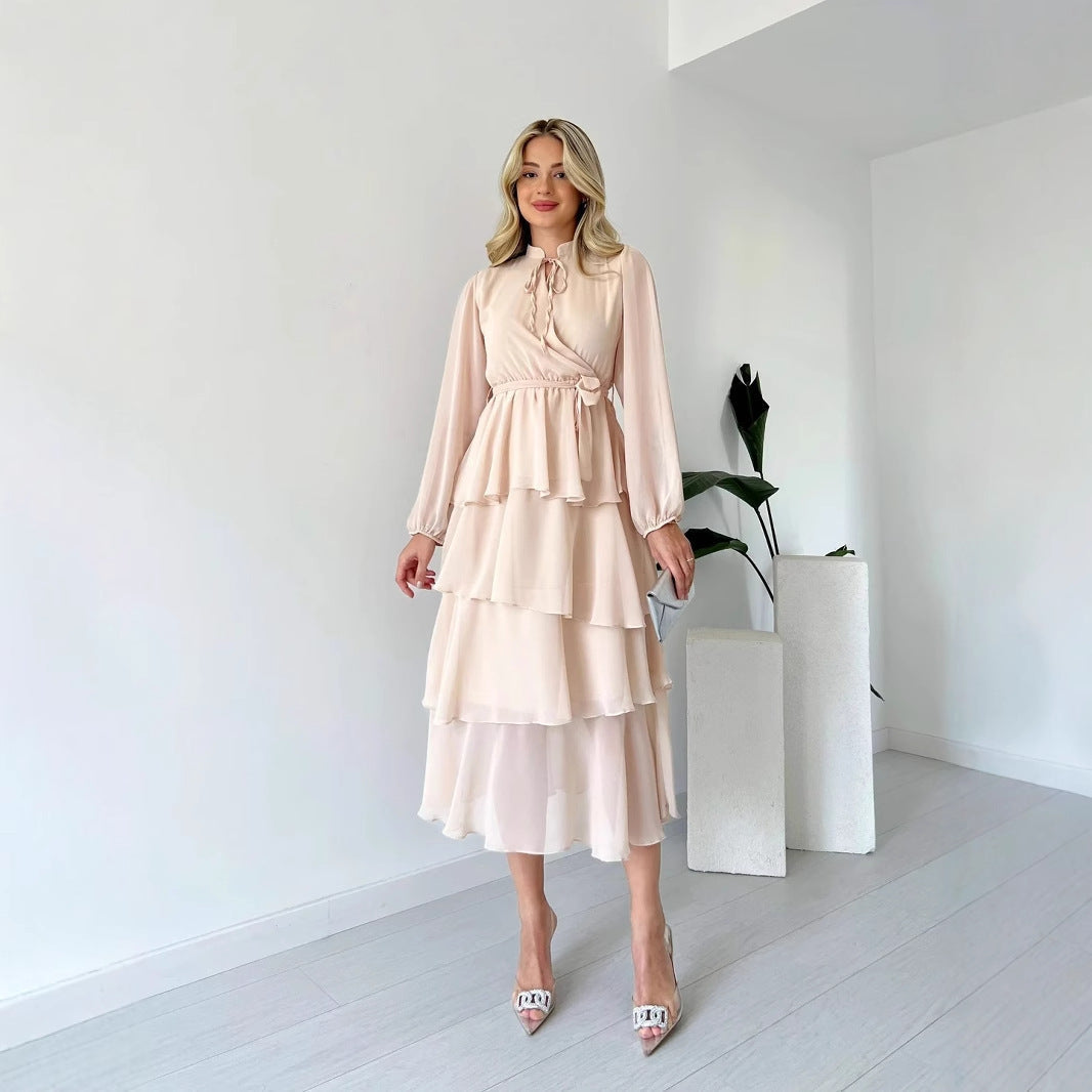Women's chiffon A-line midi dress long sleeves high neck tie layered skirt elegant Nordic style