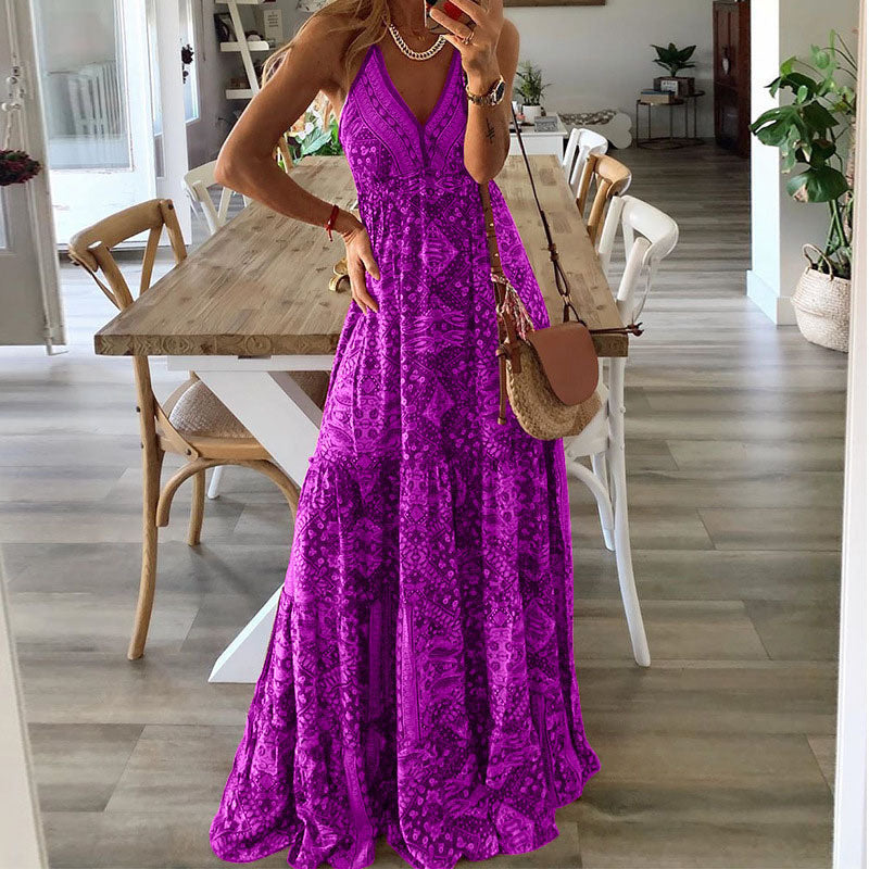 Women's boho maxi dress in flowy draped fabric with V-neck and spaghetti straps for effortless femininity